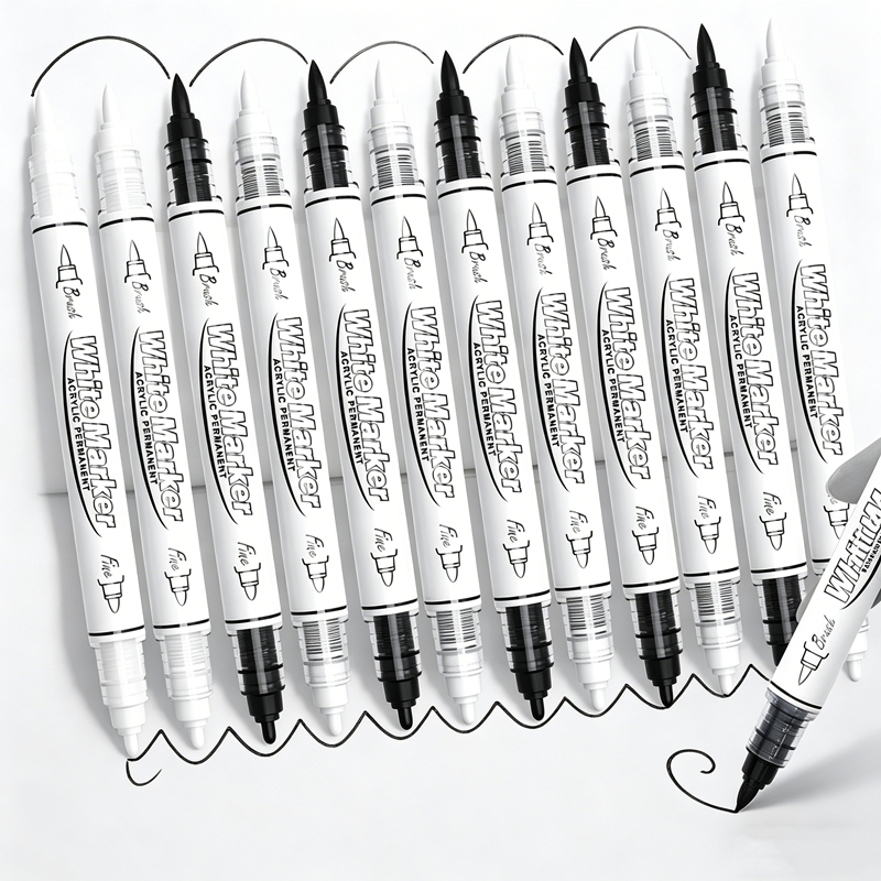 Whiteboard Marker Set - 黒/白 大容量 デュアルチップ アクリルペイントペン アート用品 布用ペイント