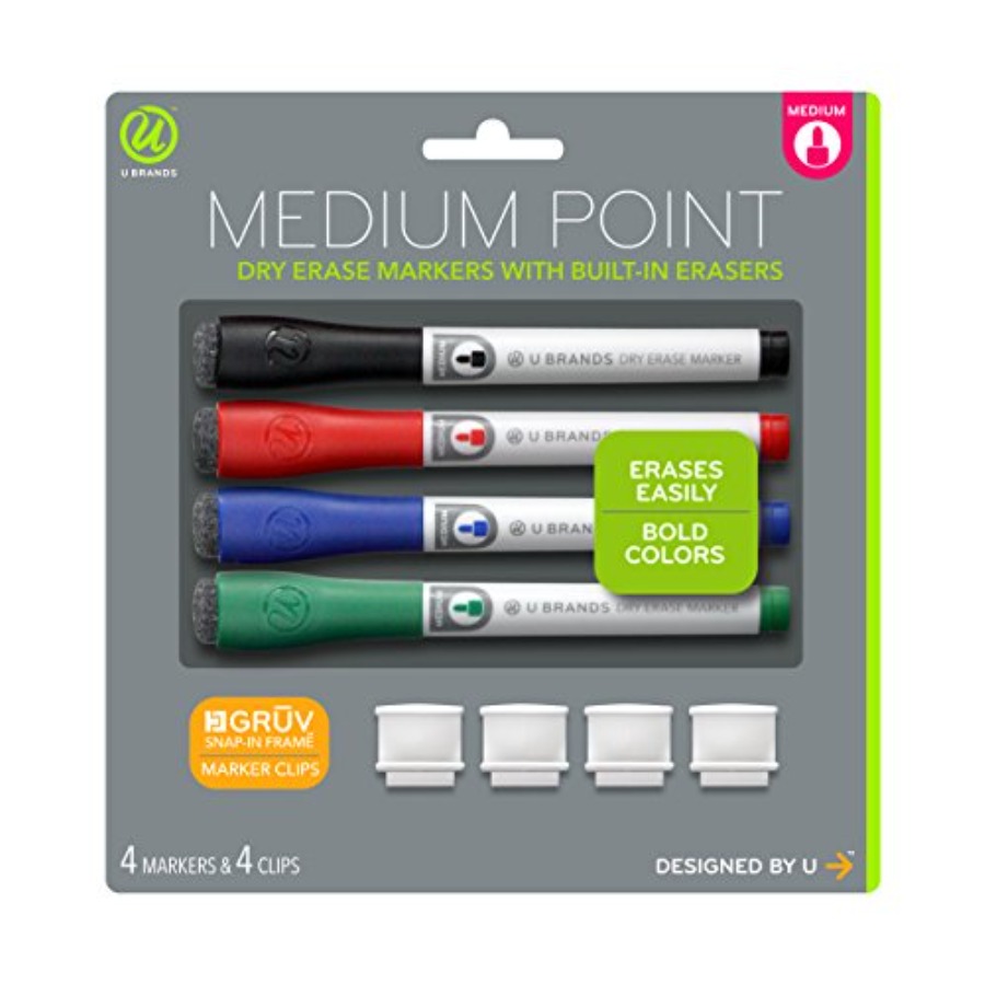 Whiteboard Marker Set - 細字ドライイレースマーカー（消しゴム付き）、ホワイトボードマーカー（マーカークリップ付き）、低臭、アソートカラー、4本セット