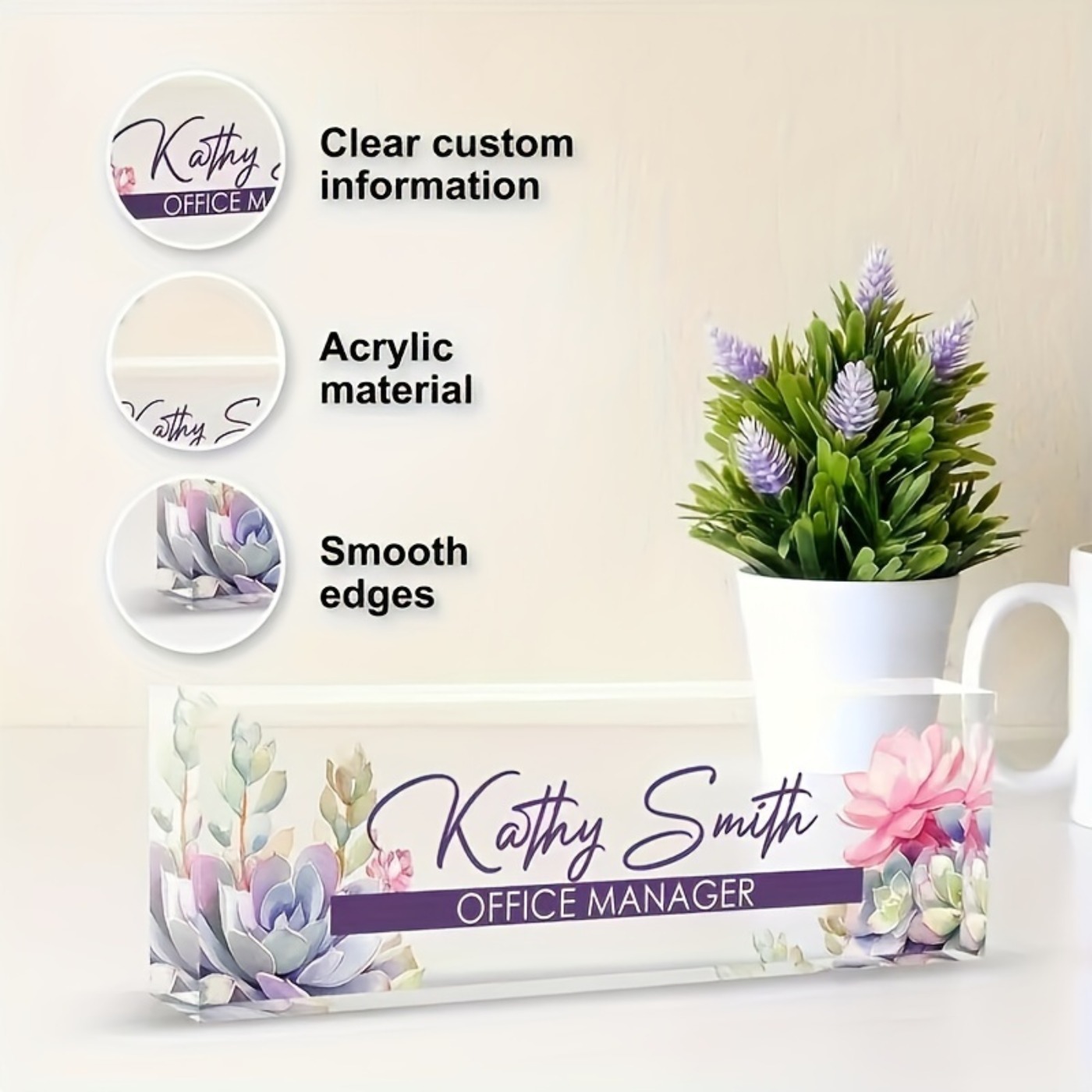 カスタム2Dアクリルデスクネームプレート、多肉植物デザイン、 - Desk Name Plate のレビューと価格