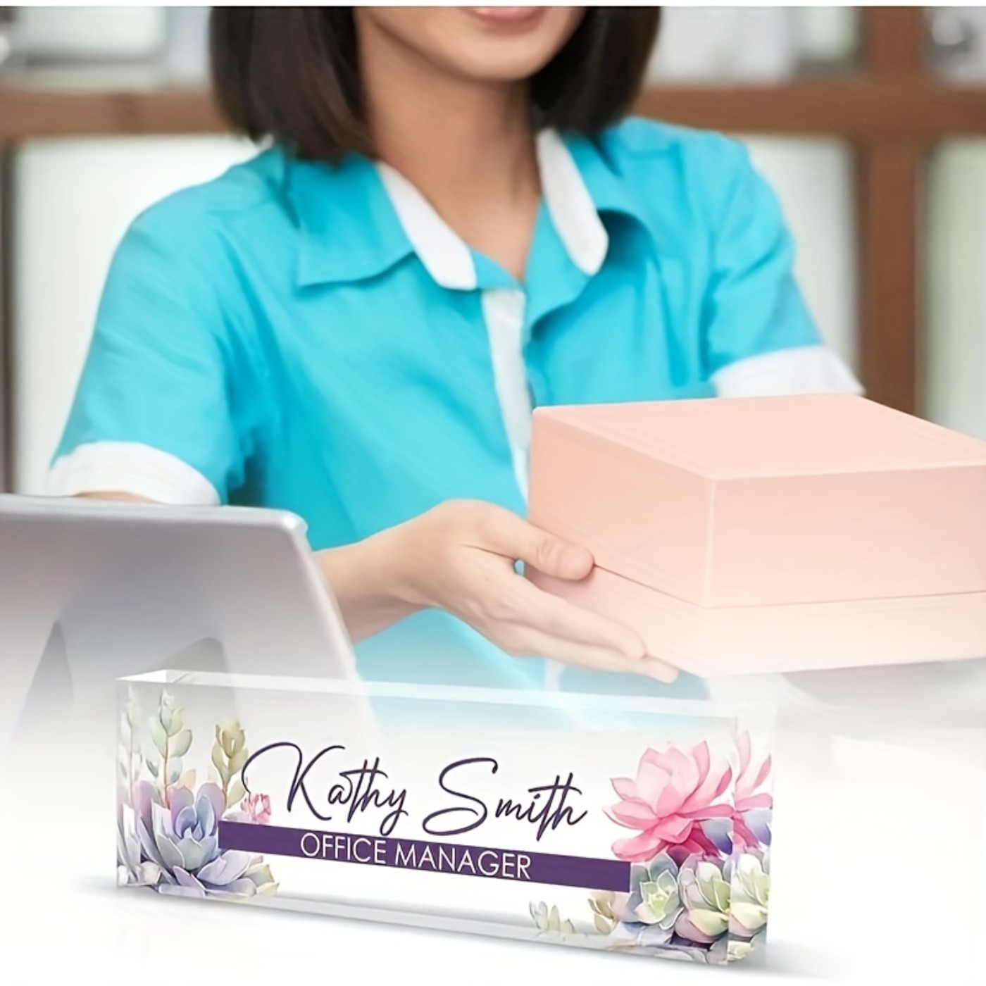 カスタム2Dアクリルデスクネームプレート、多肉植物デザイン、 - Desk Name Plate のレビューと価格